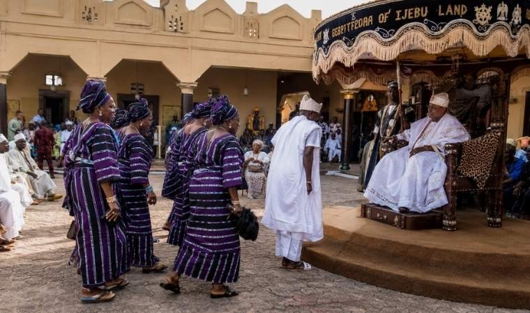 Traditional groups paying homage to the Awujale at the palace during Ojude Oba Festival